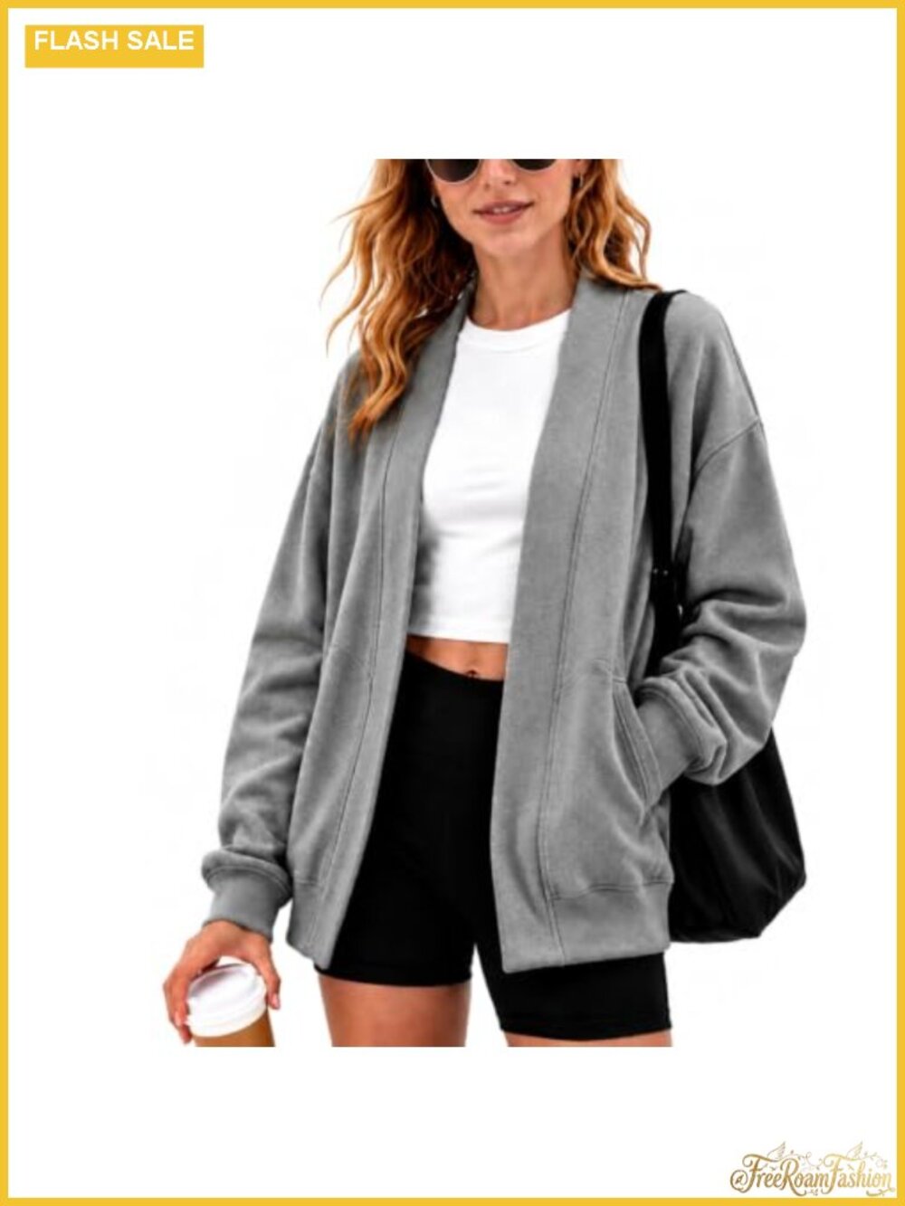 Oversized Cotton Open Front Cardigan Sweatshirt Loose Fit Pocket Casual Layer